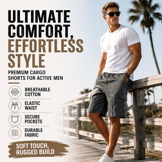 Men's Cargo Shorts – Elastic Waist, Multi-Pocket, Durable